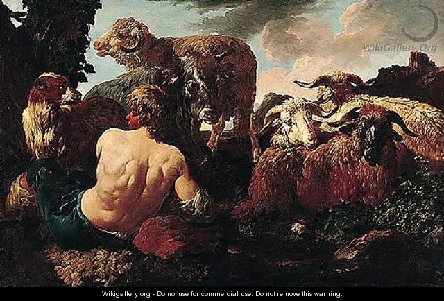 A Shepherd Resting With His Flock And A Cow - Philipp Peter Roos