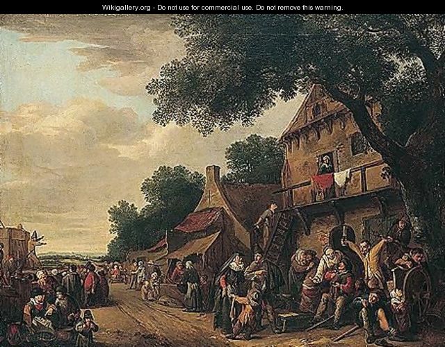 A crowded village scene with figures drinking before an inn, a play being staged on the left - (after) Gillis De Winter