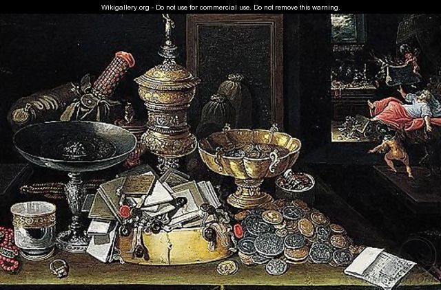 A Still Life Of Coins, Letters, A Silver Tazza, Gilt Vessels, Jewellery And A Silver Beaker Upon A Table, A Miser Haunted By Demons Beyond - (after) Hieronymus II Francken