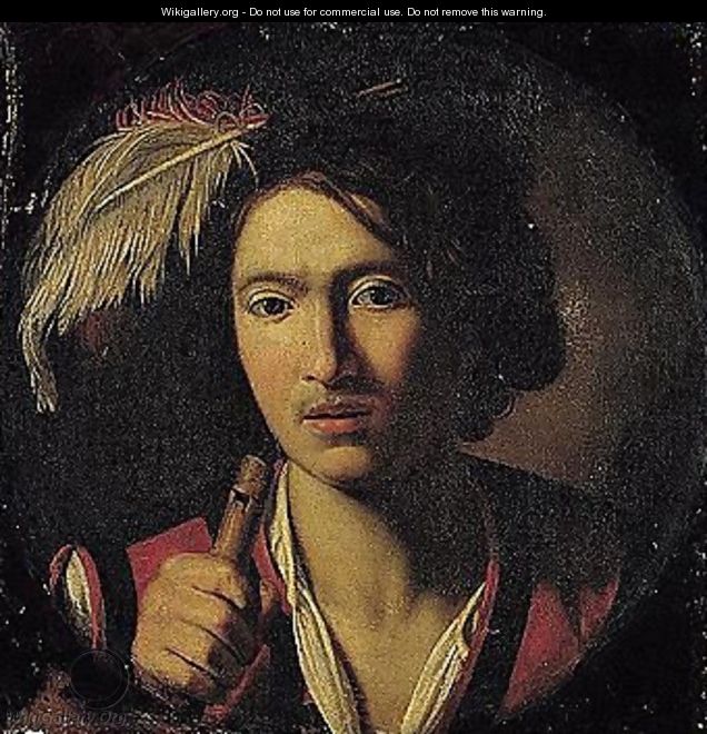 A Portrait Of A Young Man, Head And Shoulders, Wearing A Plumed Hat And Holding A Flute - Niccolo Renieri (see Regnier, Nicolas)