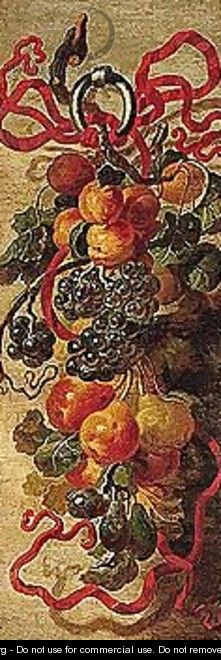 Still life of a garland of fruit suspended by a red ribbon - (after) Giovanni Paolo Castelli, Called Spadino
