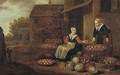 Town scene with a vegetable and fruit seller - (after) Floris Gerritsz. Van Schooten