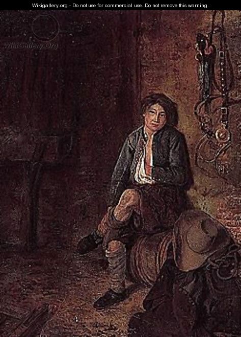 Stable interior with a young boy seated on a barrel - (after) Philips Koninck
