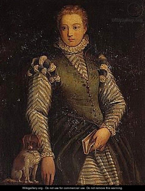 Portrait of a lady, wearing a green dress, holding a book, together with her pet dog - (after) Paolo Veronese (Caliari)