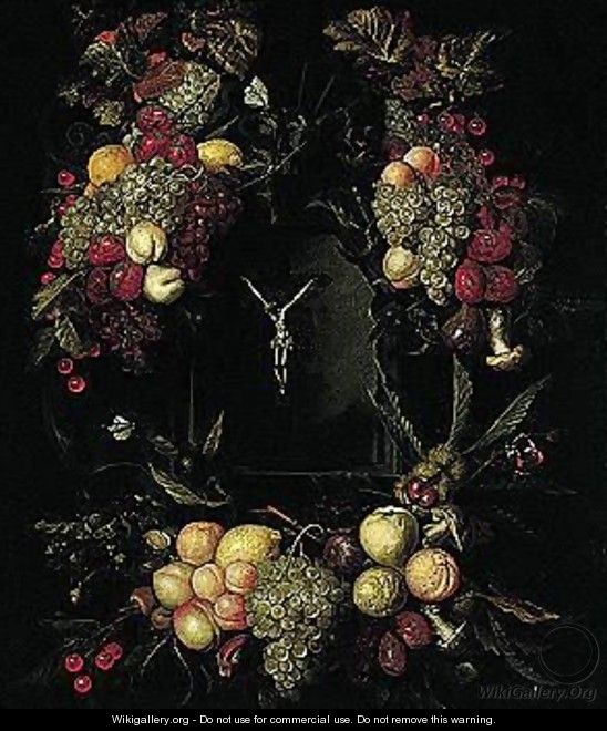 Still Life Of Garlands Of Fruit Encircling A Stone Niche, Within Which Stands A Crucifix - Jan Pauwel Gillemans The Elder