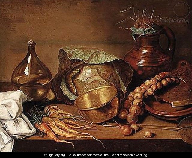 Still Life Of Cabbages, Carrots, Onions, Cooking Utensils And A Wine Bottle, Upon A Table Top - (after) Adriaen Van Der Kabel