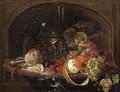 Still life of a peeled lemon, grapes, an orange, cherries and walnuts - (after) Abraham Mignon