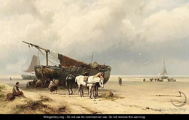 Fisherfolk By A Beached - Johannes Hermann Barend Koekkoek