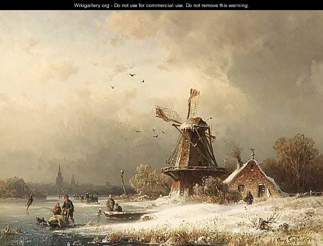 A Winter Landscape With Figures On A Frozen River - August Schliecker
