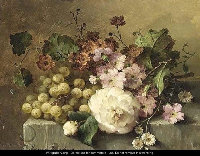 A Still Life With Flowers And Grapes On A Ledge - Margaretha Roosenboom