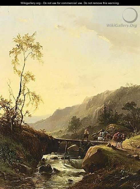 A Mountainous Landscape With A Traveller On A Bridge - Jacobus Pelgrom