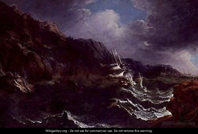 A storm on rocky cosat with ships in distress - Matthieu Van Plattenberg