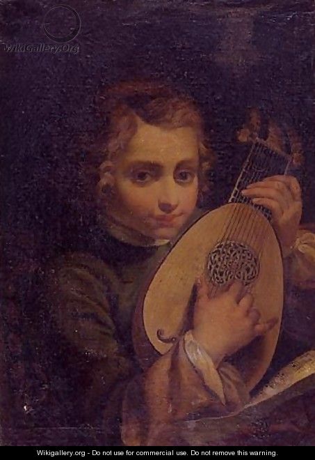 Portrait of a boy playing a lute - Bolognese School