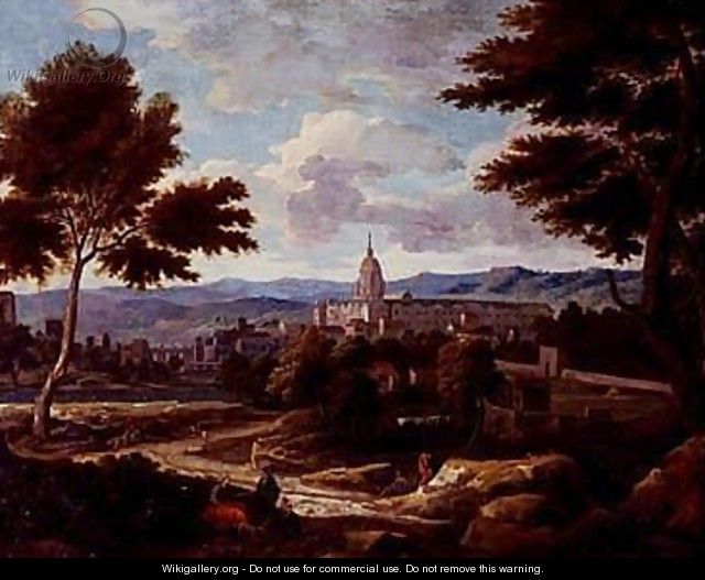 Southern landscape with figures and monastery in distance - Etienne Allegrain