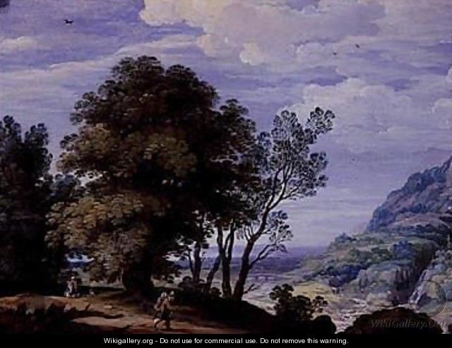 Extensive landscape with travelers on a path - Flemish School