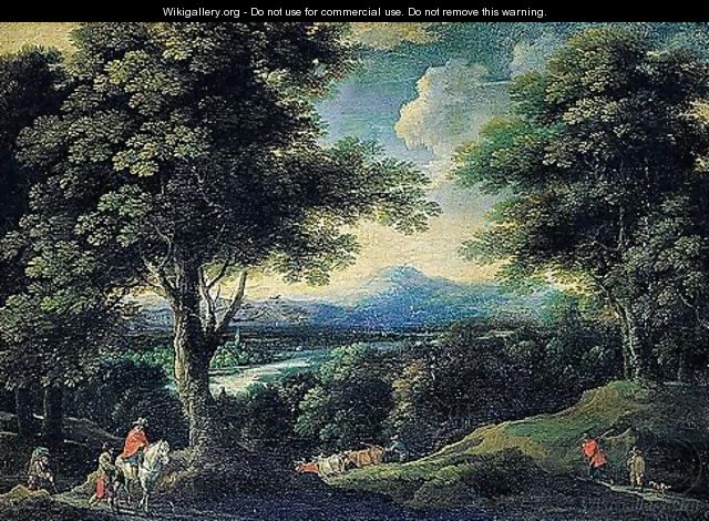 A wooded river landscape with travellers and herdsmen with their cattle - Flemish School
