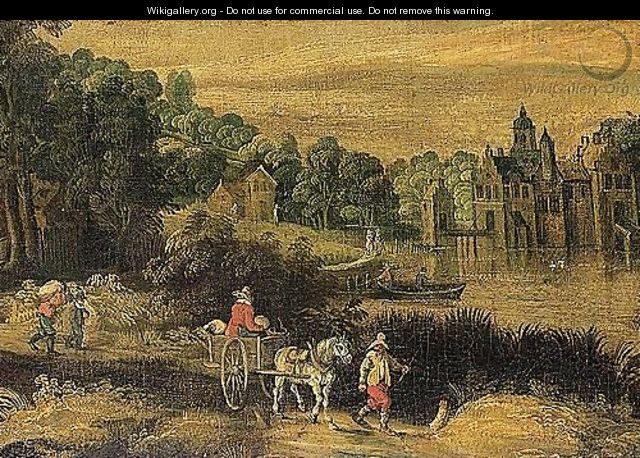 River landscape with waggoners on a path, a manor house beyond - (after) Frans De Momper