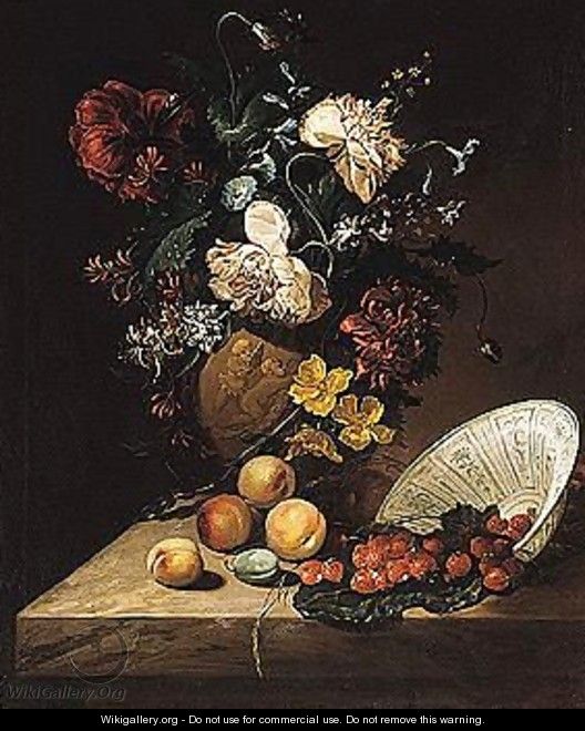 Sill life of flowers in a sculpted vase, strawberries in an upturned porcelain bowl - (after) Rachel Ruysch