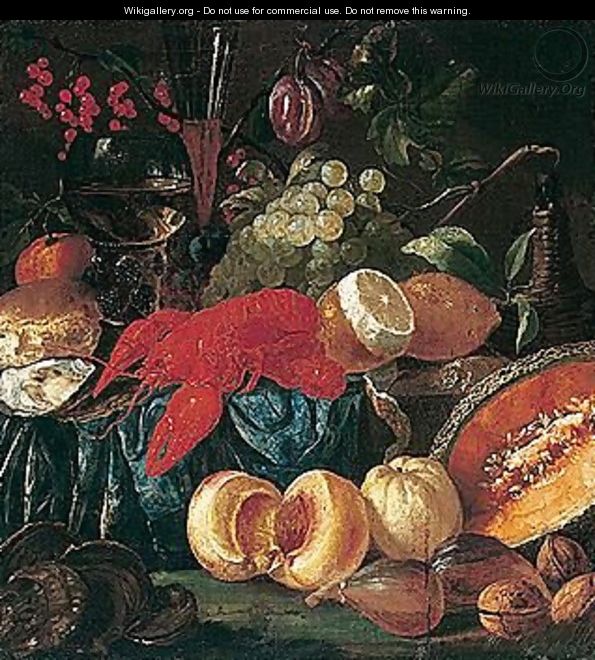 Still life of lobster, fruit, nuts, oysters and bread, together with a wine bottle, a roemer and a wine glass - (after) Jacob Caproens