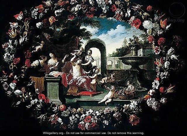 A Garland Of Flowers, Surrounding A Scene Illustrating The Toilet Of Venus - Pier Francesco Cittadini