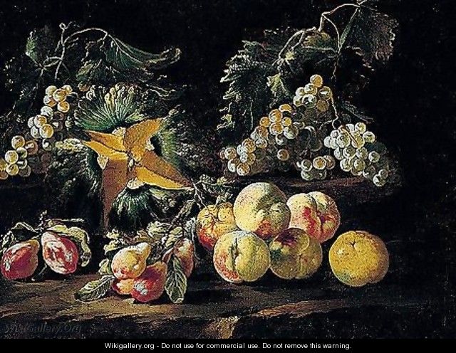 A Still Life Of Peaches, Grapes, Plums, And A Melon In A Landscape - Giovanni Paolo Castelli (lo Spadino)
