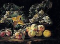 A Still Life Of Peaches, Grapes, Plums, And A Melon In A Landscape - Giovanni Paolo Castelli (lo Spadino)