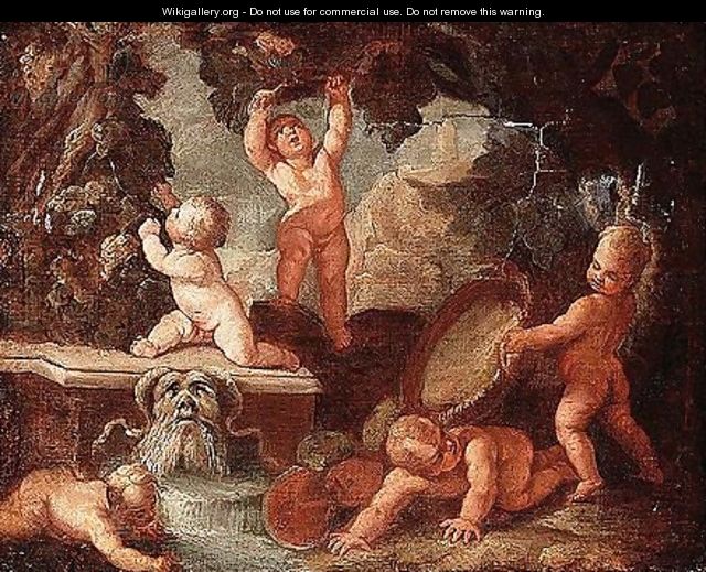 Putti playing near a stream issuing from a gargoyle - (after) Giulio Carpioni
