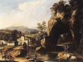 A rocky river landscape with peasants in the foreground - Roman School