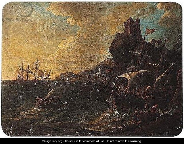 A stormy coastal scene with a shipwreck - (after) Claude-Joseph Vernet