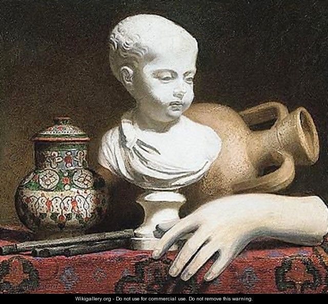 Still life of a bust of a child, a faience vase, an amphora and a sculpted hand, arranged upon a table covered with an oriental carpet - Louis-Philippe Mars