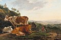 Landscape with cattle and sheep resting, a town beyond - Jean-Francois Legillon
