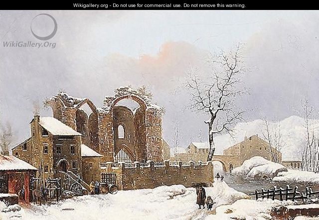 A winter landscape with figures on a path by a ruined church - (after) Jules Cesar Denis Van Loo