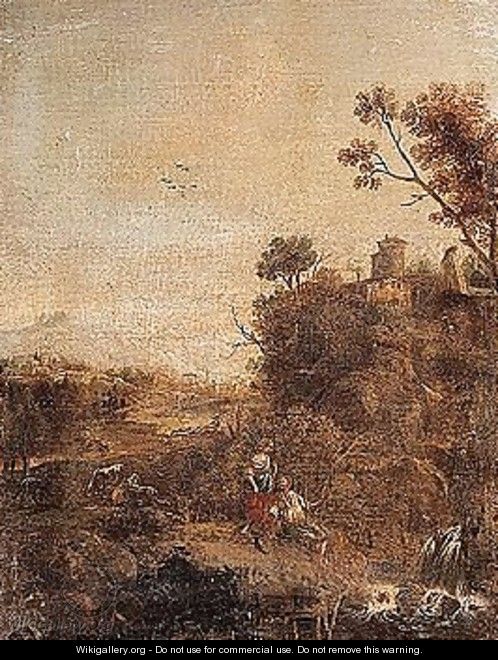 A wooded river landscape with drovers beside a waterfall - (after) Francesco Zuccarelli