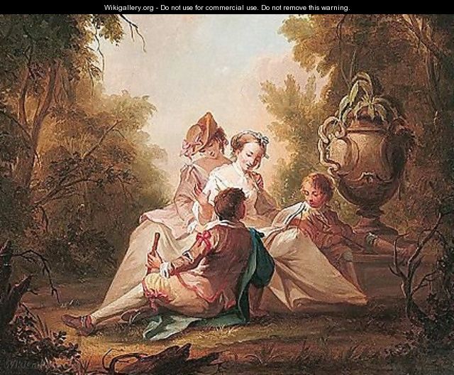 Elegant figures listening to a young woman reading in a woodland clearing - French School