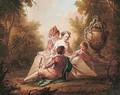 Elegant figures listening to a young woman reading in a woodland clearing - French School