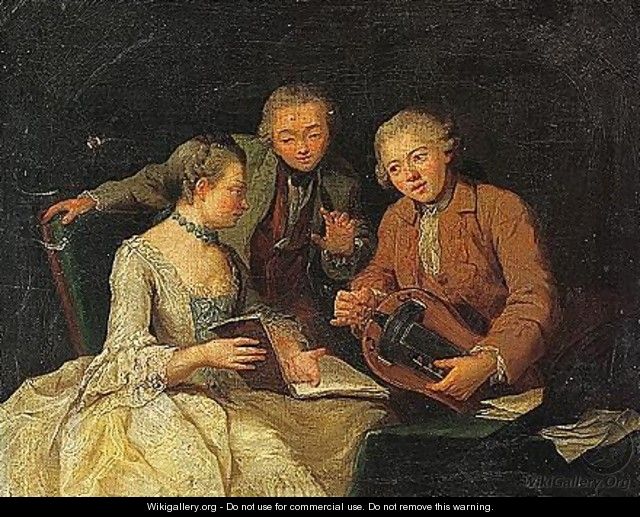 A conversation piece with a man playing a hurdy-gurdy to a lady - French School