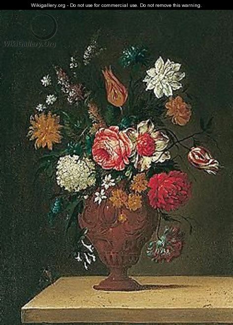 Still life of roses, tulips, carnations and other flowers in a gilt vas - French School