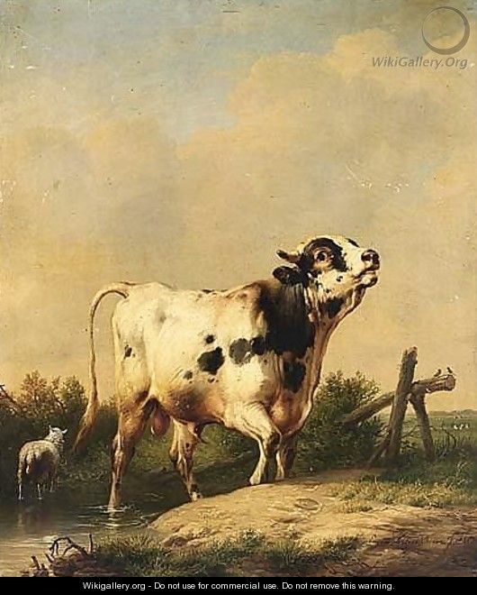 A Bull And Sheep In A Landscape - Eugène Verboeckhoven