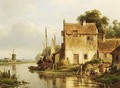 A River Landscape With Anglers And Washerwomen By A Town - Lodewijk Johannes Kleijn