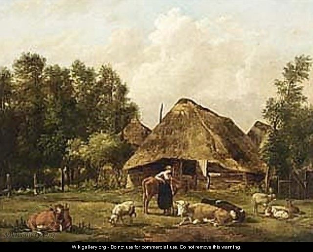A Peasantwoman With Her Cattle In Front Of A Farm - Pieter Gerardus Van Os