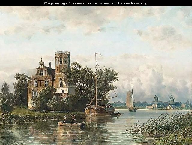 A River Landscape With Sailing Vessels Near A Town - Johannes Josephus Destree