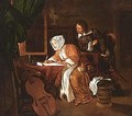 A lady writing a letter with a man looking over her shoulder - (after) Gabriel Metsu