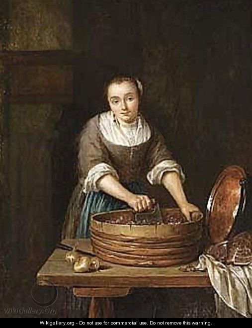 A Maid Chopping Red Cabbage - Caspar Netscher