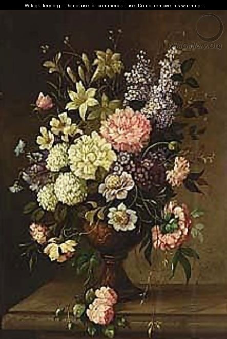 A flower still life with roses, daffodils and other flowers - Dutch School