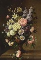 A flower still life with roses, daffodils and other flowers - Dutch School