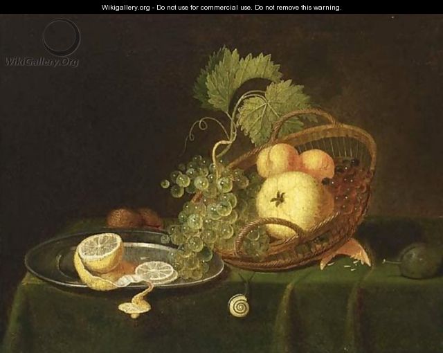 A Still Life With A Pear, Peaches And Grapes In A Basket, A Lemon - Frans Huijgens