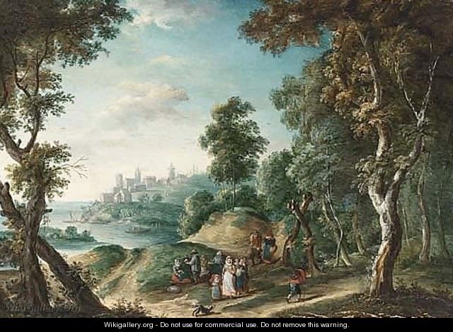 An Extensive Wooded River Landscape With Travellers On A Path In The - Joseph van Bredael