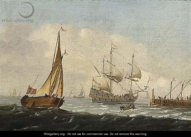 A Merchantman, A Wijdschip, And A Rowing Boat In A Breeze - (after) Aernout Smit