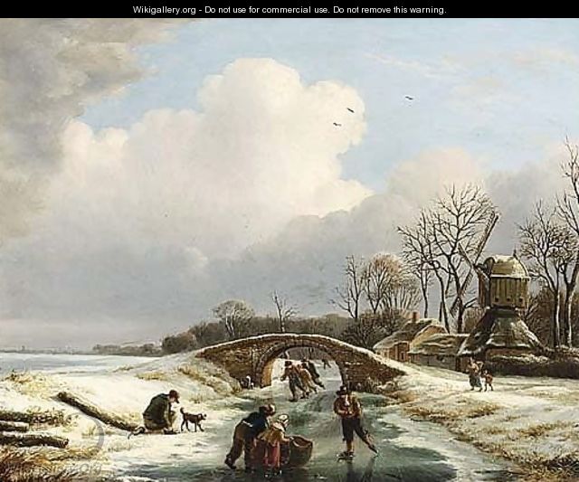 A Winter Landscape With Figures Skating Near A Windmill - Andries Vermeulen
