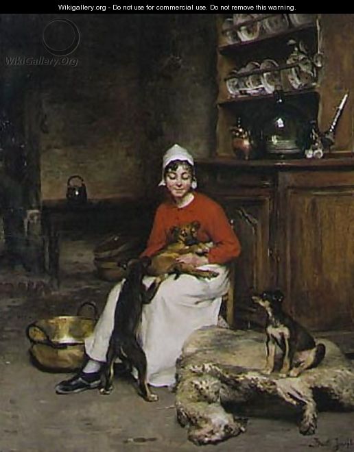 The Kitchen Maid With Three Puppies - Claude Joseph Bail